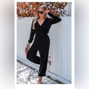 CUPSHE Black Ribbed Knit Long Sleeve Tapered Leg Jumpsuit